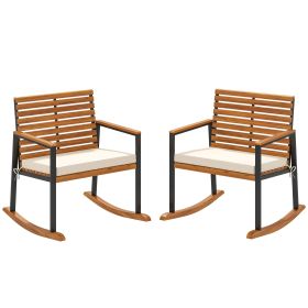 Outsunny Acacia Wood Outdoor Lawn Rocking Chair Set of 2, Outdoor Patio Rocking Chairs with Armrests, Cushion, Cream White