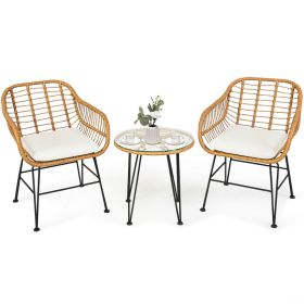 3 Pieces Rattan Furniture Set With Cushioned Chair Table (Color: White)