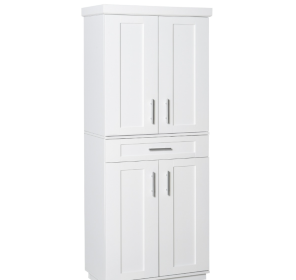 Modern Kitchen Pantry Cabinet Storage With With 4 Doors, Drawer And 3 Adjustable Shelves For Dining Room, White (Color: White)