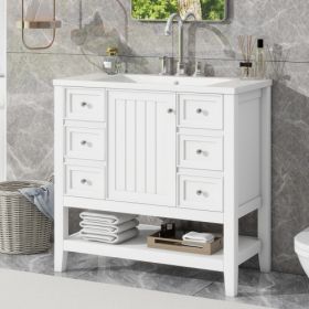 36 Bathroom Vanity With Sink, One Cabinet And Three Drawers, Solid Wood And MDF Board, (Color: White)