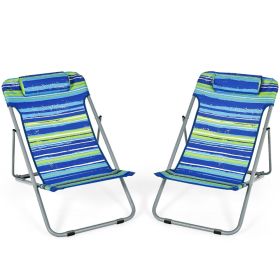 Portable Beach Chair Set Of 2 With Headrest (Color: Blue)
