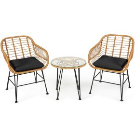 3 Pieces Rattan Furniture Set With Cushioned Chair Table (Color: Black)