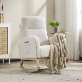Modern Accent Rocking Chair Rocking Chair with Solid Wood Legs, Upholstered Nursery Glider Rocker, Comfy Armchair with Side Pocket (Color: White)
