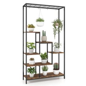 6-Tier Tall Plant Stand 71 Inch Metal Indoor Plant Shelf with 10 Hanging Hooks (Main Material: Wood+Metal, Main Color: Rustic Brown)