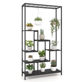 6-Tier Tall Plant Stand 71 Inch Metal Indoor Plant Shelf with 10 Hanging Hooks (Main Material: Wood+Metal, Main Color: Black)