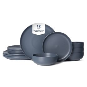 12-Piece Stoneware Dinner Plates Bowls Sets | Microwave & Dishwasher Safe | Non-Toxic Dinner Plates Bowls Set | Stackable Matte Glaze Kitchenware (Main Material: Stone, Main Color: Blue)