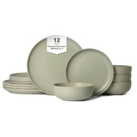 12-Piece Stoneware Dinner Plates Bowls Sets | Microwave & Dishwasher Safe | Non-Toxic Dinner Plates Bowls Set | Stackable Matte Glaze Kitchenware (Main Material: Stone, Main Color: Green)