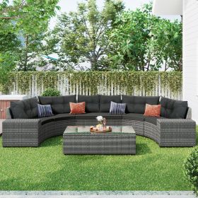 8-pieces Outdoor Wicker Round Sofa Set;  Half-Moon Sectional Sets All Weather;  Curved Sofa Set With Rectangular Coffee Table;  PE Rattan Water-r (Color: Gray)