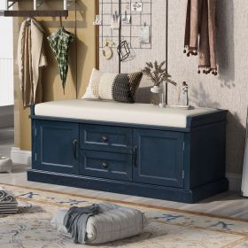 Storage Bench with 2 Drawers and 2 Cabinets,Shoe Bench with Removable Cushion for Living Room,Entryway (Material: Solid Wood, Color: Antique Navy)