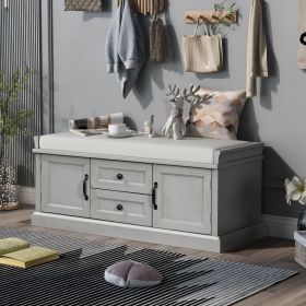 Storage Bench with 2 Drawers and 2 Cabinets,Shoe Bench with Removable Cushion for Living Room,Entryway (Material: Solid Wood, Color: Gray Wash)
