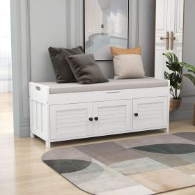 Storage Bench with 3 Shutter-shaped Doors,Shoe Bench with Removable Cushion and Hidden Storage Space (Material: MDF, Color: White)