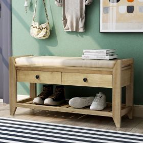 Shoe Rack with Cushioned Seat and Drawers,Multipurpose Entryway Storage Bench (Material: Solid Wood, Color: Gray Wash)