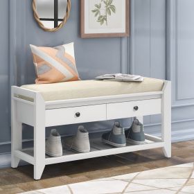 Shoe Rack with Cushioned Seat and Drawers,Multipurpose Entryway Storage Bench (Material: Solid Wood, Color: White)