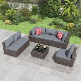 7 Pieces Outdoor Patio Furniture Set, Wicker Patio Conversation Sectional Sofa Set, All Weather PE Rattan Sofa with Glass Table and Cushions (Color: Brown base & grey cushion)