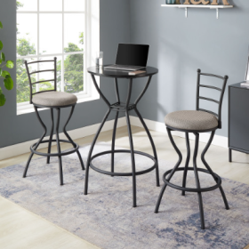 3 Bar Table And Chairs Set For Dining Room Industrial Counter Height Bar Chairs With Metal Back, Fabric Seat (Color: Black)